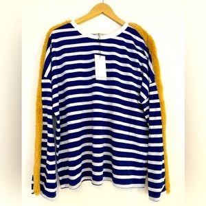 🧸 NWT ZARA Trafaluc Blue White Brown Faux Fur Breton Stripe LS Tee 2017-18